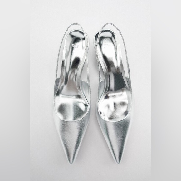 Zara | Silver Chrome Leather Slingback Shoes - Picture 1 of 13